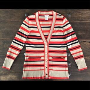 Cache V Neck Stripe Button Up Cardigan Sweater